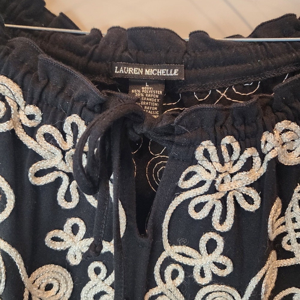 Lauren Michelle Top Large Blouse Tunic Embroidered Crew Neck Boho Classic Black - Picture 3 of 9
